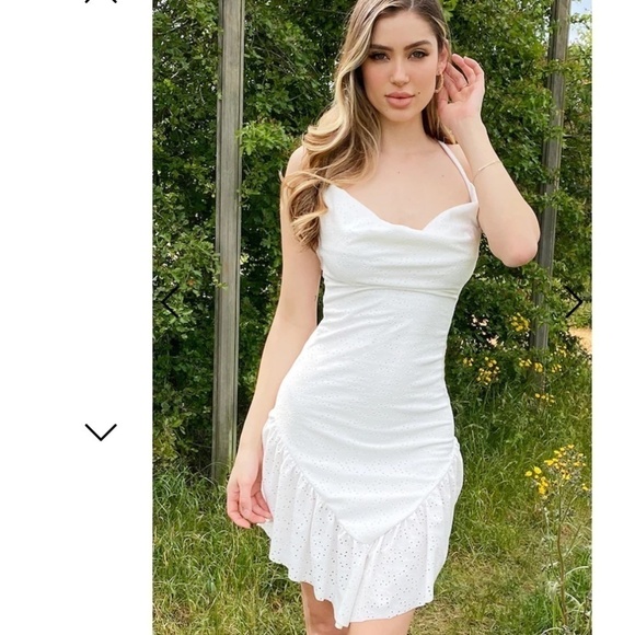 PrettyLittleThing Dresses & Skirts - Pretty Little Things White Broderie Cowl Neck Frill Hem Bodycon Dress (sz 6)